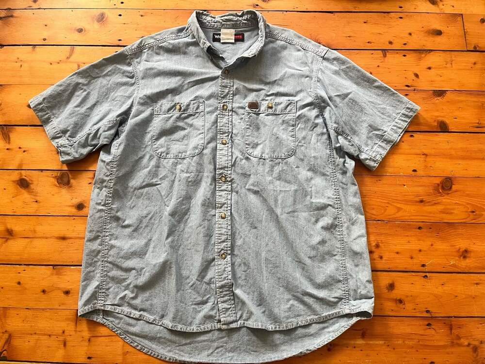 Wrangler Riggs Workwear Short Sleeve Button Up Shirt Blue Denim XXL